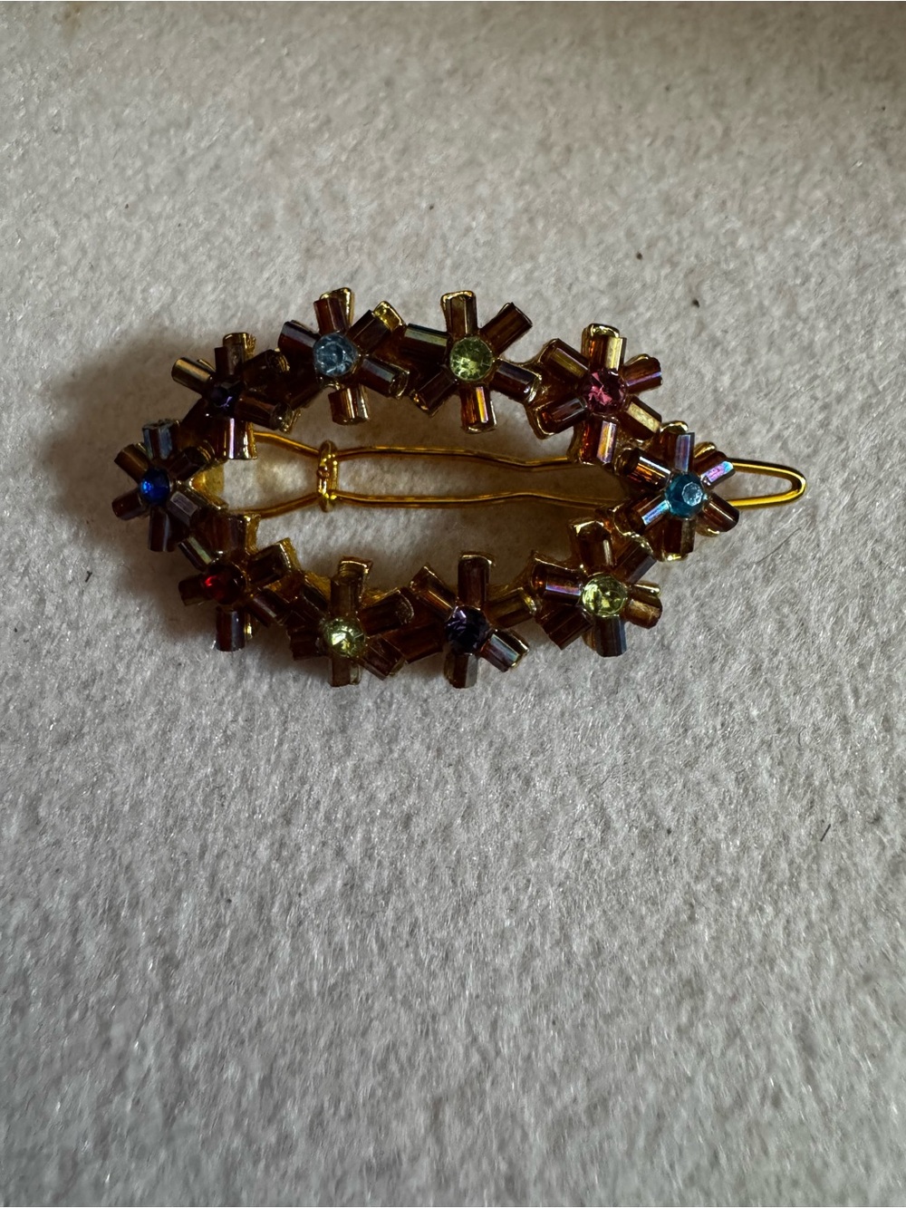 Vintage pair Gold-Tone Floral Crystal Oval Hair Clip - Multicolor